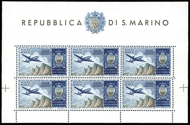 1954 - 1.000 lire Aereo, foglietto (16), nuovo, gomma originale integra, perfetto. Cert. Ferrario.  - Auction Philately - Cambi Casa d'Aste