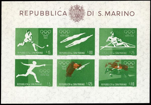 1960 - Foglietto verde e bruno, Olimpiadi di Roma, stampa del bruno mancante nei tre esemplari superiori e nel primo inferiore, e bruno spostato in alto negli ultimi due (21c,nota), nuovo, gomma originale integra, perfetto. Splendido e probabilmente unico. Cert. Sorani e Raybaudi.