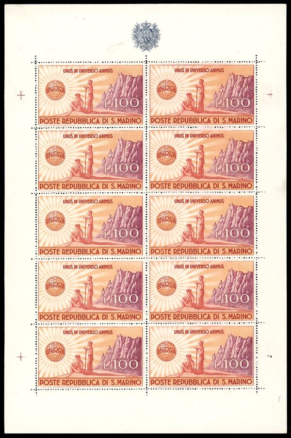 1946 - 100 lire UNRRA, minifoglio (6), nuovo, gomma originale integra, perfetto. Ferrario.