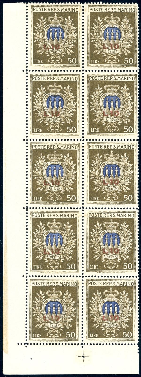 1946 - 10 lire su 50 lire Pro Opere Assistenza, minifoglio (7), gomma originale integra, perfetto e senza la consueta piega. Molto bello. Raybaudi, cert. Ferrario.
