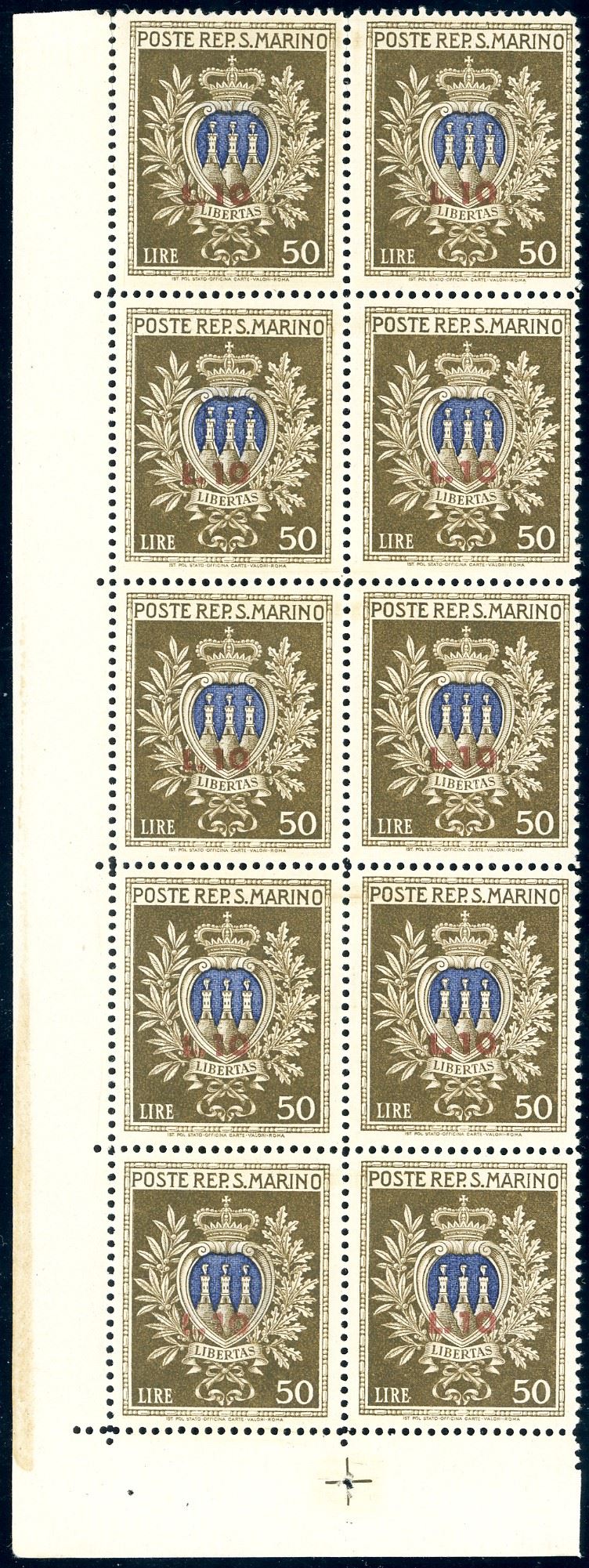 1946 - 10 lire su 50 lire Pro Opere Assistenza, minifoglio (7), gomma originale integra, perfetto e senza la consueta piega. Molto bello. Raybaudi, cert. Ferrario.  - Asta Filatelia - Cambi Casa d'Aste