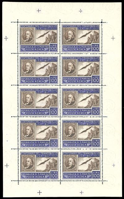 1947, 100 lire Centenario, minifoglio (8) di francobolli americani