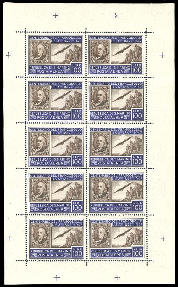 1947 - 100 lire Centenario francobollo americano, minifoglio (8), nuovo, gomma originale integra, perfetto e senza piega. Cert. Ferrario.