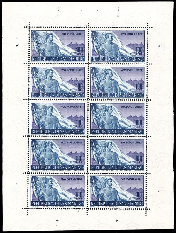 1948 - 100 lire Lavoratori, minifoglio (9), nuovo, gomma originale integra, perfetto. Molto fresco, senza pieghe e di ottima qualità. G.Bolaffi, cert. Ferrario.