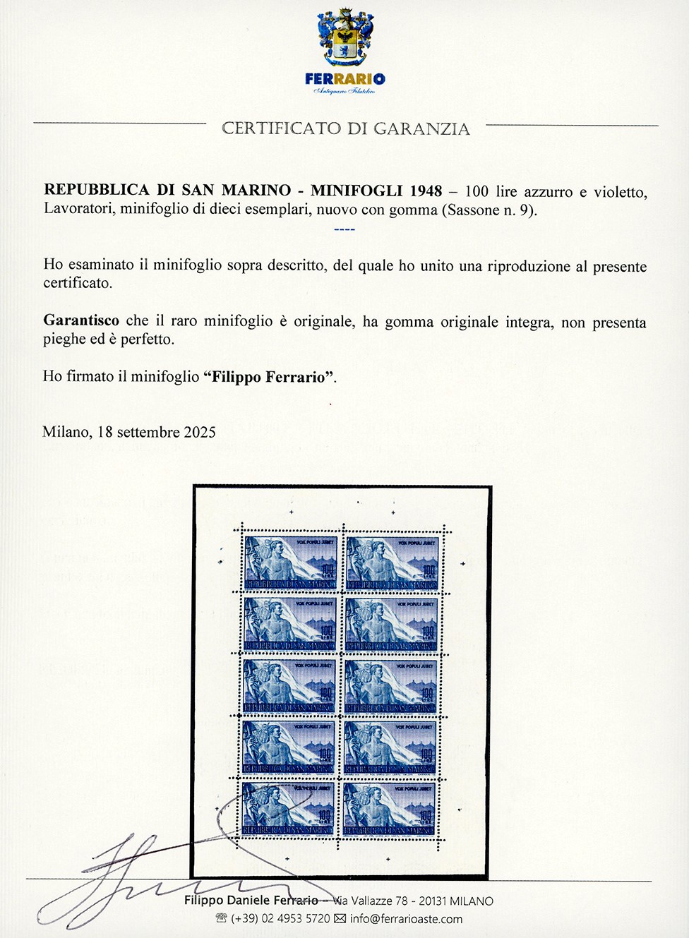 G.Bolaffi, 1948 - 100 Lire Lavoratori, Minifoglio originale