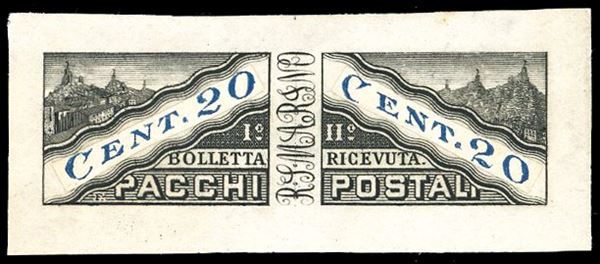 1928 - 20 cent. (3), prova in nero grigio, con l'indicazione del valore "20 cent." in celeste applicata mediante due piccoli rettangoli di carta avorio, su carta non filigranata, non dentellata, senza gomma come sempre, perfetta, Eccezionale prova, probabilemte predisposta per verificare l'abbinamento cromatico del colore del francobollo con quello del valore. Probabilmente unica! Ferrario, cert. Oro Raybaudi.