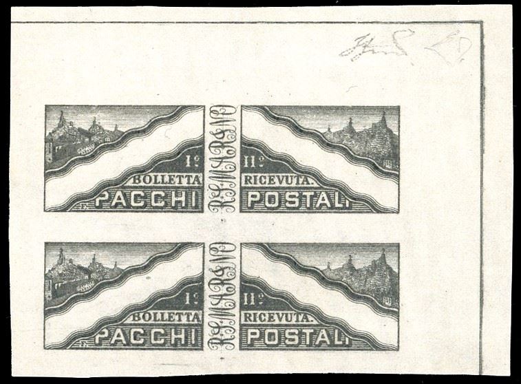 1928 - Prova in nero grigio, senza indicazione del valore del francobollo per pacchi, su carta avorio senza filigrana, non dentellata, coppia verticale, angolo di foglio, senza gomma come sempre, perfetta. Molto rara. E.Diena, Ferrario, cert. Raybaudi.  - Auction Philately - Cambi Casa d'Aste