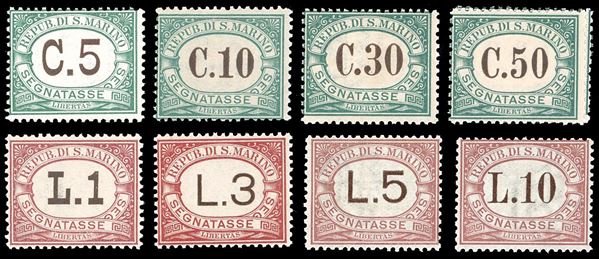 1897/1919 - Prima emissione, serie completa (1/9), nuovi, gomma originale integra, perfetti. G.Bolaffi per il 5 lire, Ferrario per la serie.