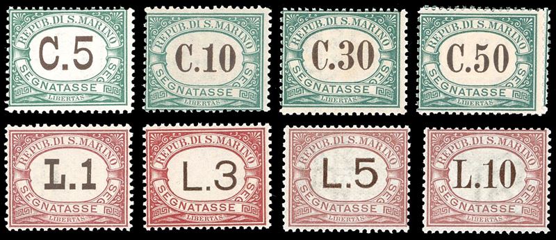 1897/1919 - Prima emissione, serie completa (1/9), nuovi, gomma originale integra, perfetti. G.Bolaffi per il 5 lire, Ferrario per la serie.  - Asta Filatelia - Cambi Casa d'Aste