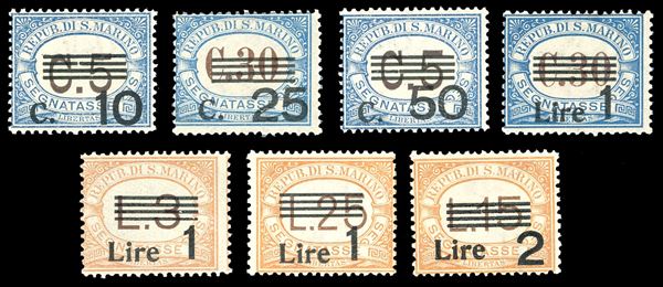 1936/39 - Soprastampati (47/53), gomma originale integra, perfetti. Ferrario per gli alti valori.