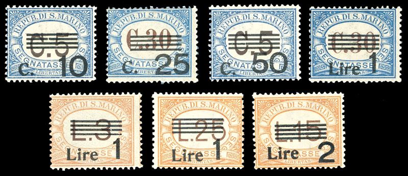 1936/39 - Soprastampati (47/53), gomma originale integra, perfetti. Ferrario per gli alti valori.  - Asta Filatelia - Cambi Casa d'Aste