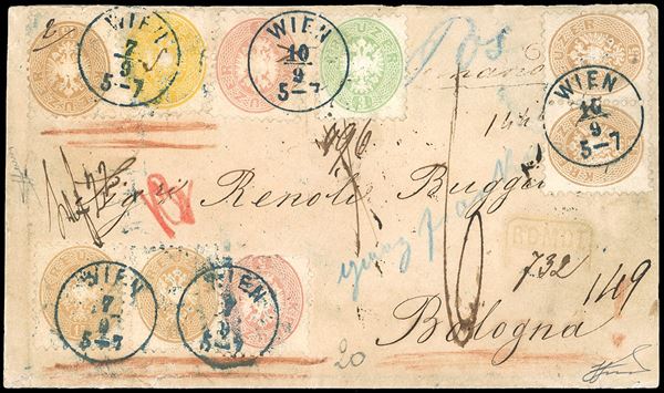 AUSTRIA 1866 - 2 kr. giallo, 3 kr. verde, 5 kr. rosa, due esemplari, 15 kr. bistro, cinque esemplari, tutti dent. 9 1/2 (27,28,29,31), tutti perfetti ad eccezione di un 5 kr., su busta raccomandata da Vienna 7/9/1866 a Bologna, tassata 60 cent. La lettera affrancata inizialmente per soli 52 kr., integrari con ulteriori 38 kr. il 10/9/1866. Rara affrancatura quadricolore per il Regno d'Italia, molto interessante anche per la riaffrancatura. Sorani, cert. Ferrario.