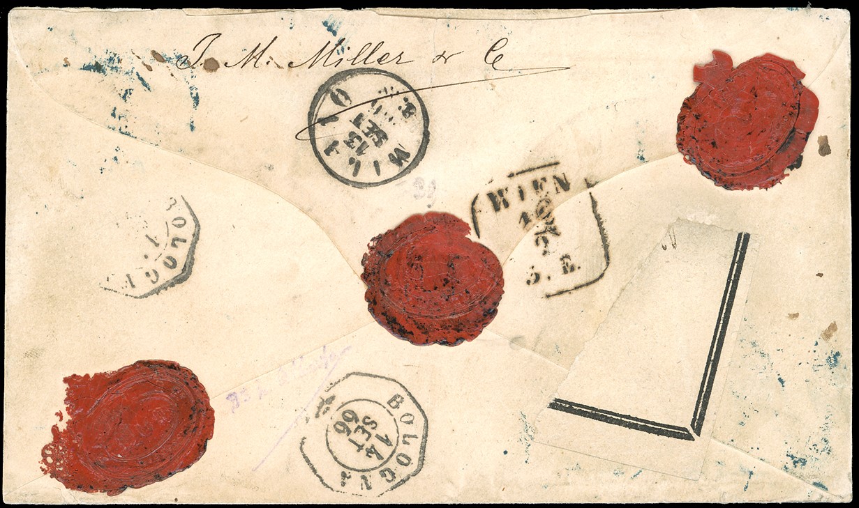 Austria, 1866 - 2 kr. giallo, 3 kr. verde, 5 kr. rosa, 15 kr. bistro, affrancatura su busta racco...