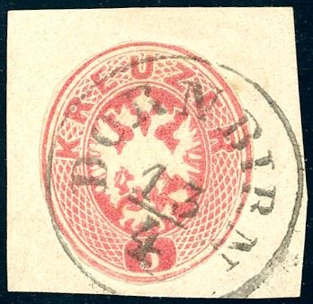 AUSTRIA INTERI POSTALI 1863 - 5 kr. rosso, ritaglio lungo l'ovale (lilliput) dell'intero postale, applicato e usato su frammento a Dornbrin 13/4. Non comune.