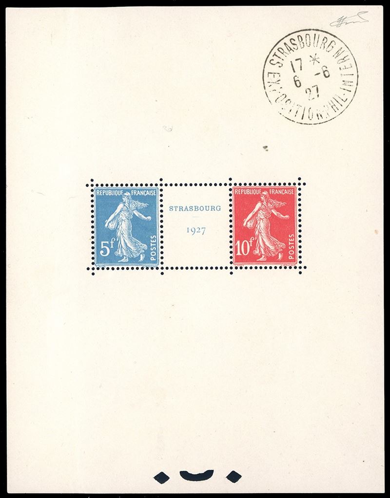 FRANCIA FOGLIETTI 1927 - Esposizione di Strasburgo, foglietto (BF2), perfetto, usato a Strasburgo 6/6/1927, con bollo speciale della manifestazione sul bordo. Ferrario.  - Asta Filatelia - Cambi Casa d'Aste