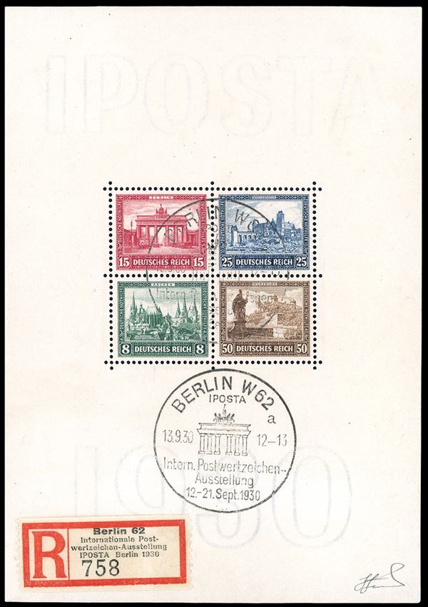 GERMANIA REICH FOGLIETTI 1930 - IPOSTA, foglietto (BF1), perfetto, usato a Berlino 13/9/1930 con annullo speciale della manifestazione. Allegato talloncino di raccomandazione della manifestazione. Ferrario.