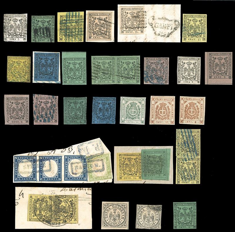 MODENA 1852/1859 - Bell'insieme di oltre 30 esemplari del periodo, nuovi o usati, con ottime presenze ed alcune varietà. Due certificati. Ottimo per dettaglio, occasione.  - Auction Philately - Cambi Casa d'Aste