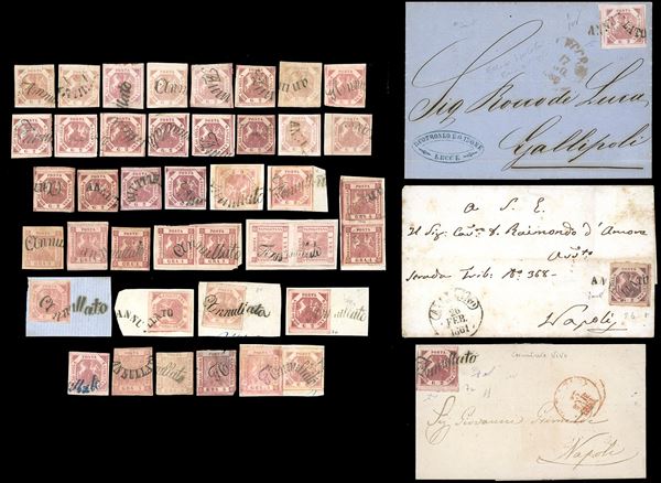 NAPOLI 1858/1860 - Bell'insieme di 41 francobolli e tre lettere con annulli a svolazzo. Moltissimi esemplari firmati e di ottima qualità. Insieme non comune. Ex collezione Imperato.