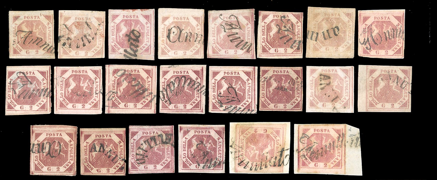 Francobolli, Napoli 1858-1860 - Insieme di 41 francobolli e tre lettere con annulli a svolazzo