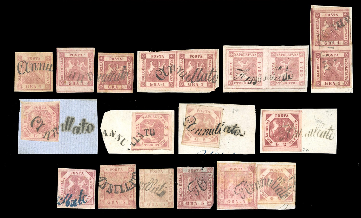 Francobolli, Napoli 1858-1860 - Insieme di 41 francobolli e tre lettere con annulli a svolazzo