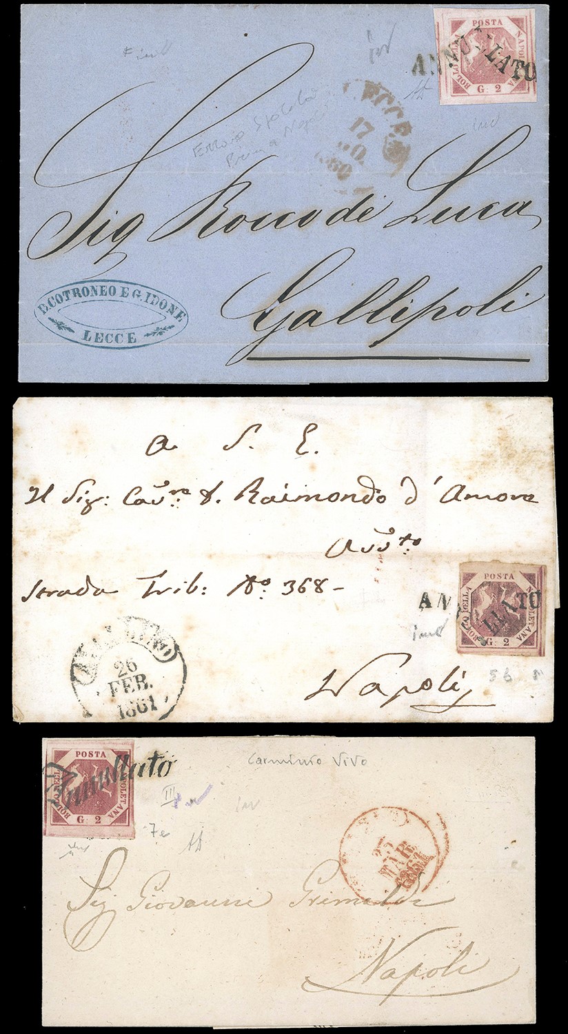Francobolli, Napoli 1858-1860 - Insieme di 41 francobolli e tre lettere con annulli a svolazzo