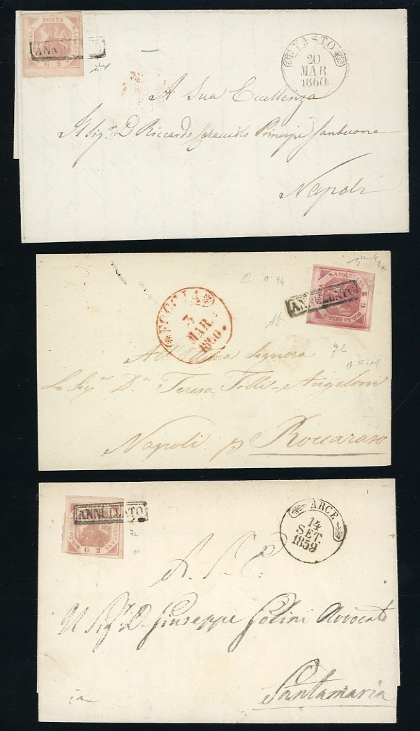 Napoli, Lotto di 25 lettere affrancate (1858-1861) con varietà di annulli
