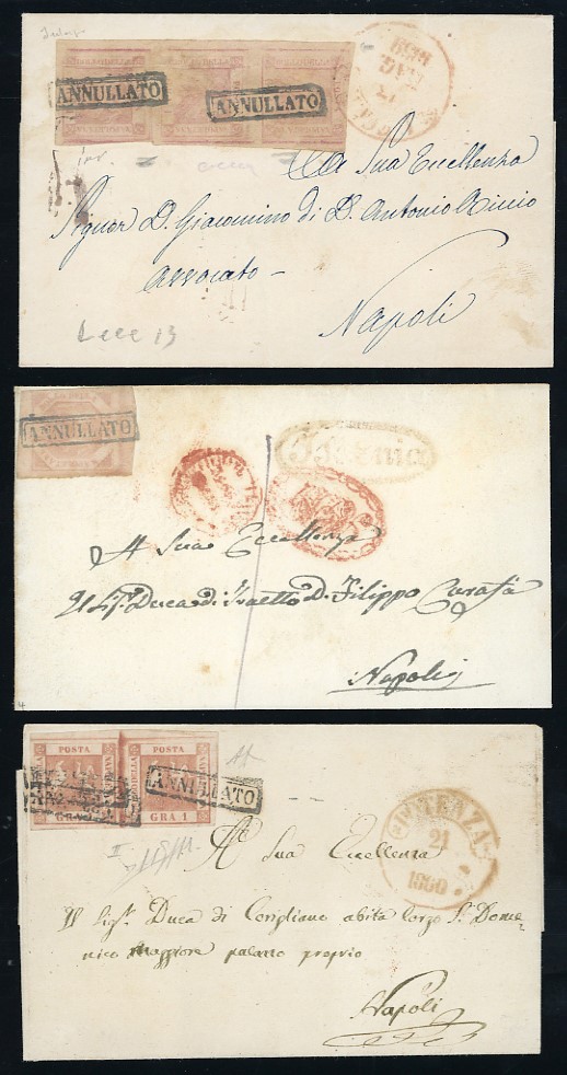 Napoli, Lotto di 25 lettere affrancate (1858-1861) con varietà di annulli