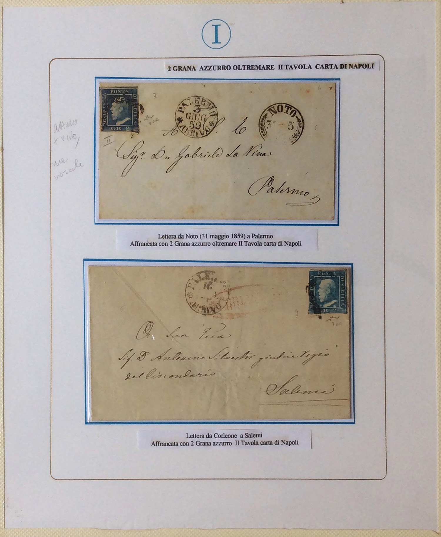 Collezione di francobolli della Sicilia 1859/1860, 46 esemplari e 10 lettere