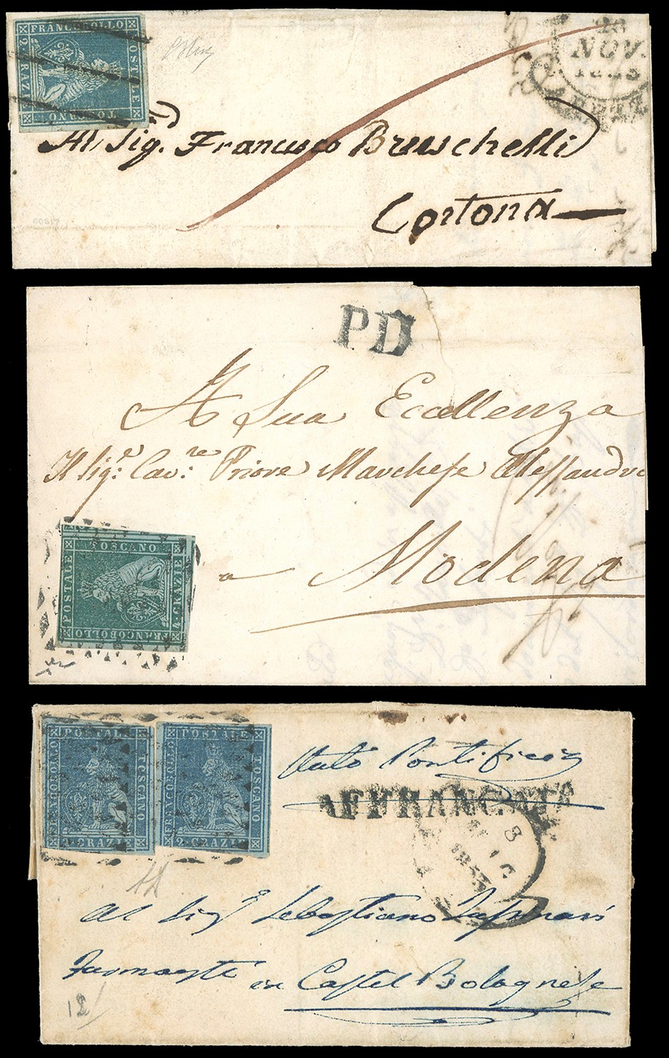 Toscana, 8 lettere con affrancature e annulli (1852-1858)