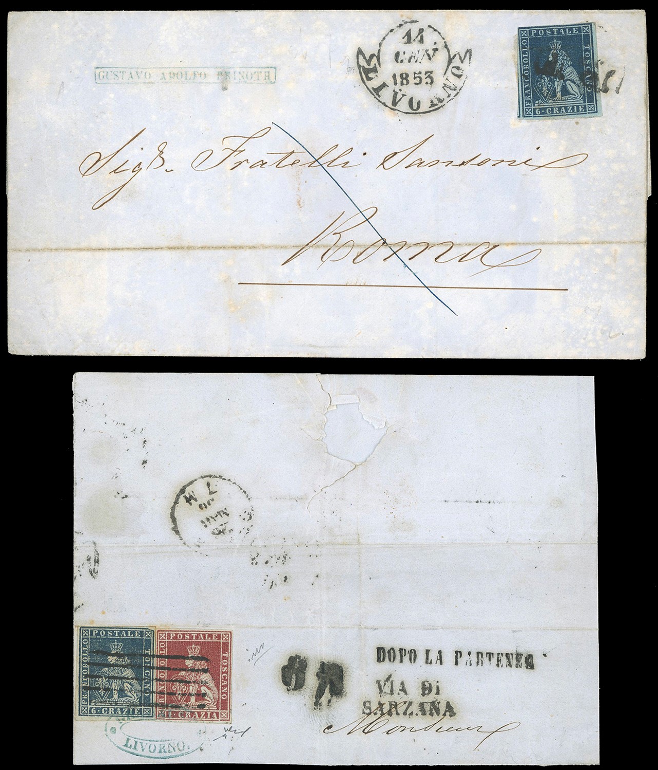 Toscana, 8 lettere con affrancature e annulli (1852-1858)