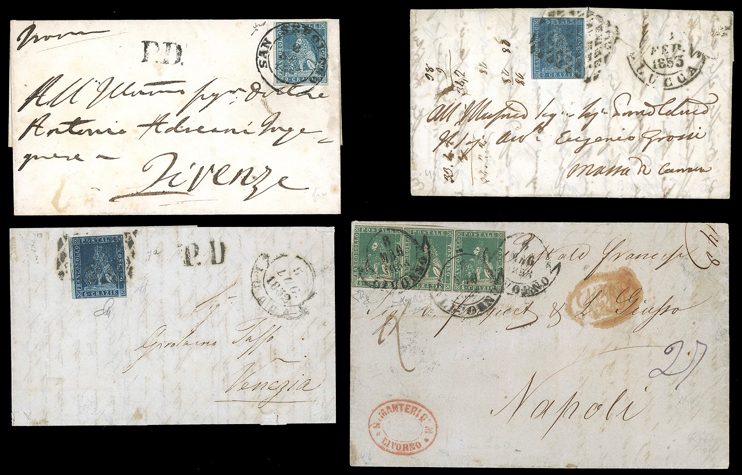 Toscana, 8 lettere con affrancature e annulli (1852-1858)