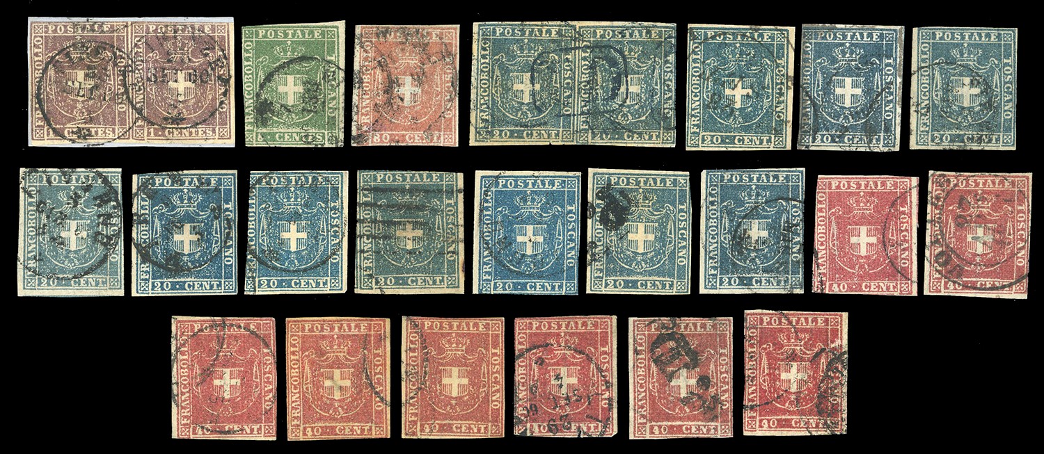 Toscana, Insieme di francobolli e frammenti usati (1852-1860)