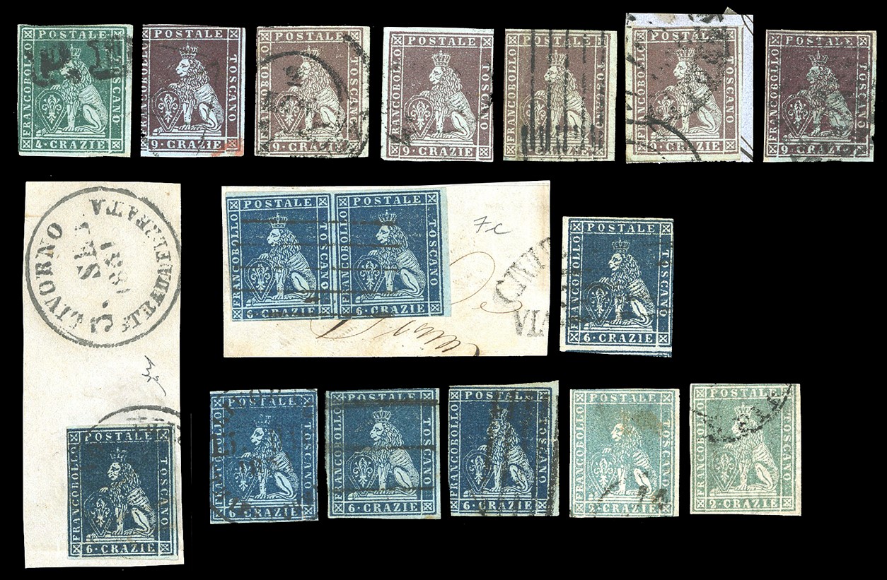 Toscana, Insieme di francobolli e frammenti usati (1852-1860)