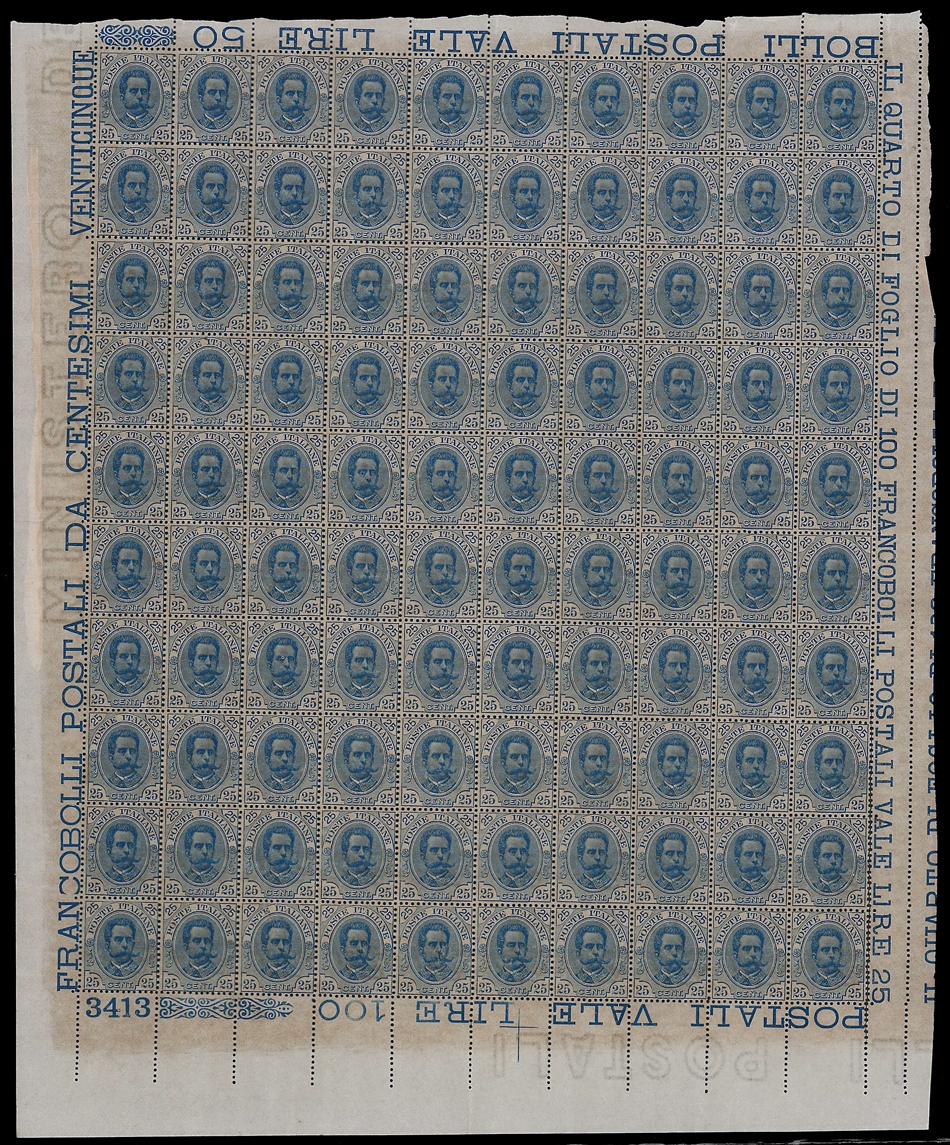 Regno d'Italia, 10 cent., 20 cent. e 25 cent. Umberto I, Fogli completi di 100 esemplari, 1893/18...