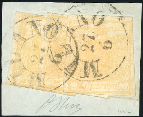 1850 - 5 cent. giallo ocra (1), tre esemplari usati a Milano su frammento, sovrapposti alla maniera austriaca (treppenfrankatur). Insieme unico! G.Oliva, cert. Sorani.