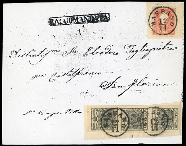 1858 - 10 cent. nero, carta a mano, striscia verticale di tre e 5 soldi rosso chiaro, I tipo (2,25a), perfetti, su due distinti frammenti, tutti annullati a Bassano 12/11. I due frammenti sono stati ricollocati nella posizione originaria su una fotocopia della raccomandata a cui appartenevano e che venne posta in vendita nel 1959 dalla Casa d'aste irlandese Shanahan's lotto 1265. L'intera vendita venne trafugata e le lettere furono ridotte a frammenti nel tentativo di camuffarne la provenienza. Interessante insieme, un tempo costituente un'affrancatura mista di grandissima rarità e di qualità impeccabile, ora vivida testimonianza di uno dei più estesi e gravi "delitti filatelici". Dettagliato cert. Bottacchi. Allegata fotocopia della pagina del catalogo d'asta.