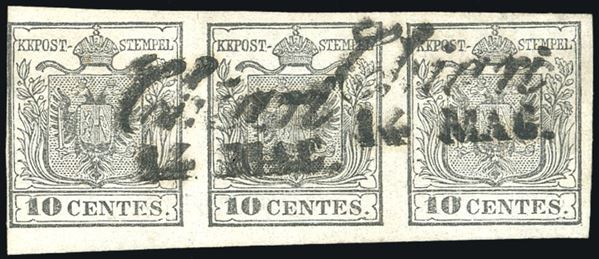 1850 - 10 cent. grigio nero, I tiratura (2b), striscia di tre, il primo esemplare con varietà di clichè, perfetta, usata a Chiari 14/5. Ferrario.