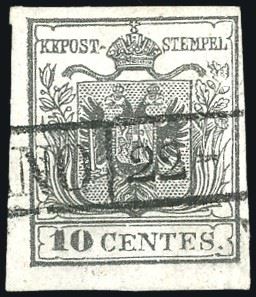 1850 - 10 cent. grigio nero, I tiratura, ritocco della dicitura "centes" (2b/k), perfetto, usato a Milano. Varietà molto rara, specie negli esemplari della I tiratura. Cert. Sorani e Fiecchi. (cat.Sassone € 12.000 in proporzione).