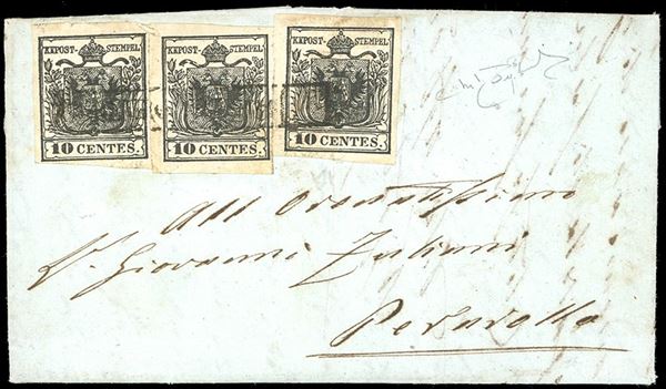 1855 - 10 cent. nero intenso, carta a mano (2d), un esemplare del I sottotipo e due del II, perfetti, su lettera del 22/10/1855 per Perarolo. Cert. Raybaudi.