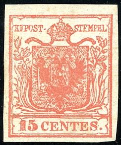 1850 - 15 cent. rosso vermiglio inteso (3g), nuovo, gomma originale, leggera traccia di linguella, perfetto. Molto fresco e ben marginato. Cert. Ferrario e G.Colla.