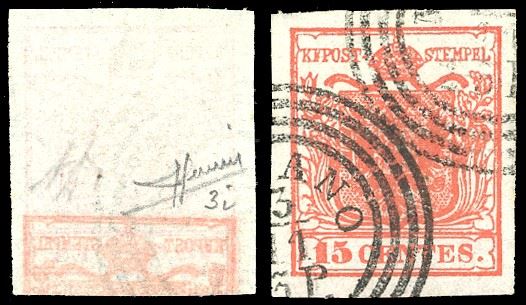 1850 - 15 cent. I tipo, decalco parziale molto nitido al verso e spostato (3i), usato a Milano, perfetto. Molto bello e raro. Sorani, A.Diena.