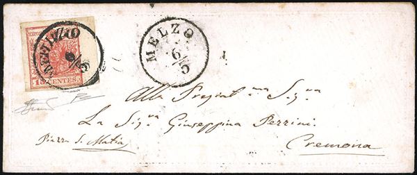 1852 - 15 cent. rosso, III tipo, carta a mano (6), bordo di foglio a destra, perfetto su busta "valentina" decorata a secco da Melzo 6/5, punti 7, a Cremona. Bella. R.Diena, Ferrario.