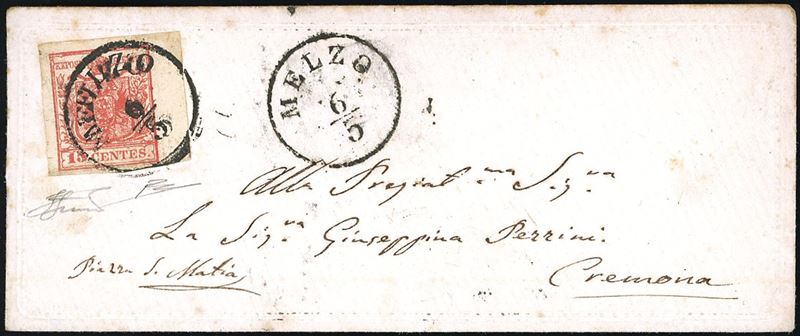 1852 - 15 cent. rosso, III tipo, carta a mano (6), bordo di foglio a destra, perfetto su busta "valentina" decorata a secco da Melzo 6/5, punti 7, a Cremona. Bella. R.Diena, Ferrario.  - Auction Philately - Cambi Casa d'Aste