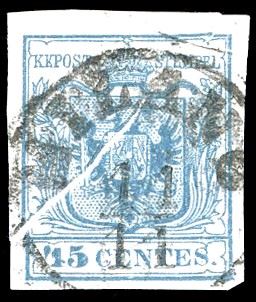 1852 - 45 cent. azzurro ardesia, II tipo, plì d'accordeon (11), usato a Milano, perfetto. Bello. Chiavarello, cert. Raybaudi.  - Auction Philately - Cambi Casa d'Aste