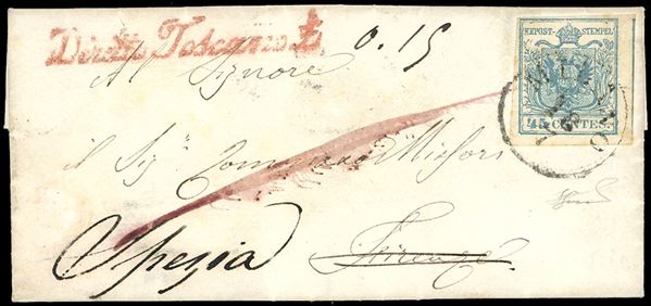 1853 - 45 cent. azzurro ardesia, II tipo (11), perfetto, su lettera da Milano 18/7/1853 a Firenze, nel Granducato di Toscana, e da qui rispedita a La Spezia, nel Regno di Sardegna, corsivo in rosso "Diritto Toscano L." 0,15 sul fronte. Interessante e pregevole rispedizione tra tre Antichi Stati diversi. Cert. Ferrario.