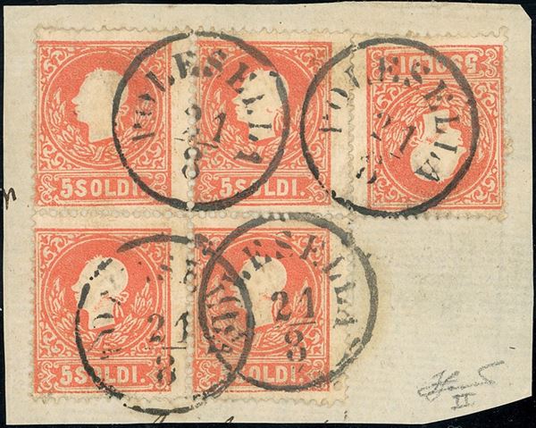 1859 - 5 soldi rosso, II tipo (30), blocco di quattro e singolo, perfetti, usati su frammento a Polesella. Molto bello! Ferrario.