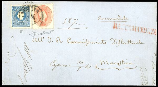 1861 - 15 soldi azzurro, II tipo, 5 soldi rosso (32,34), perfetti, in affrancatura mista II e III emissione, su lettera raccomandata da Venezia a Marostica 7/9/1961. Interessante e rara raccomandata con tutti i francobolli sul fronte. Molto bella. E.Diena, Ferrario.