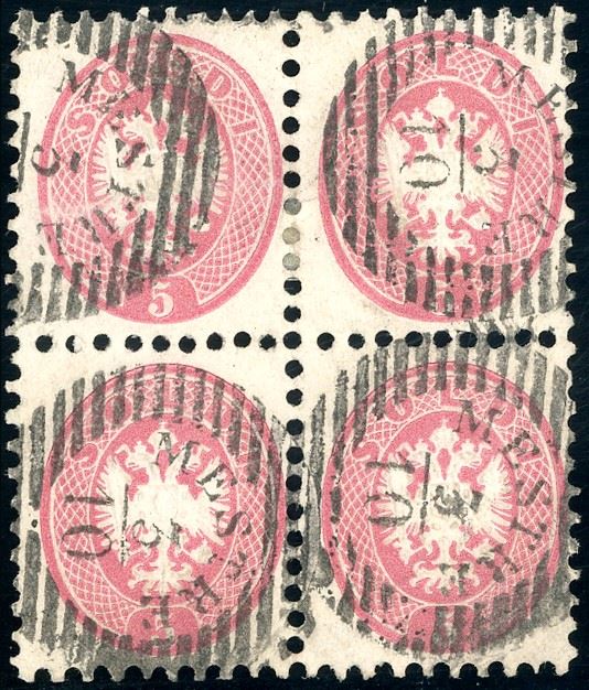 1864 - 5 soldi rosa, dent. 9 1/2 (43), blocco di quattro usato a Mestre, perfetto. Molto fresco. Ferrario.