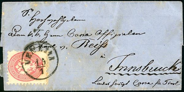 1866 - 5 soldi rosa, dent. 9 1/2 (43), ottimo stato, su sovracoperta di lettera da Venezia 15/1/1866 a Innsbruck. Primi giorni della tariffa unificata per l'Impero Austriaco di 5 soldi.
