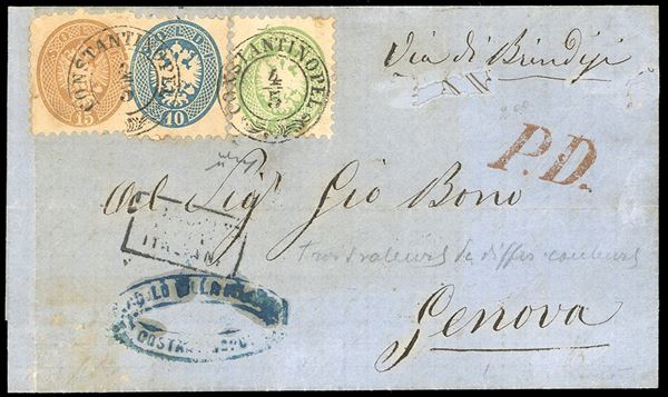 1867 - 3 soldi verde, 10 soldi azzurro, perfetti, e 15 soldi bruno, difettoso, dent. 9 1/2 (42L,44L,45L), su lettera da Costantinopoli 4/5/1867 a Genova, manoscritto "Via di Brindisi". Chiavarello.